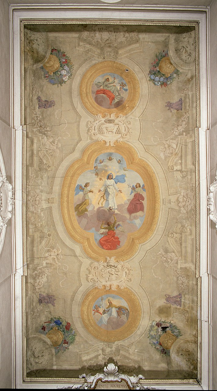 motivo decorativo architettonico con Madonna Assunta, San Sisto Papa, allegoria della Fede (dipinto) di Dolzani Camillo (prima metà sec. XX)