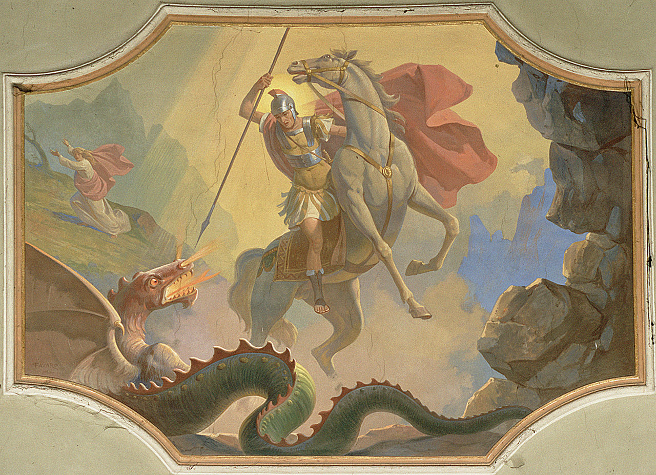 San Giorgio e il drago (dipinto, elemento d'insieme) di Favaro Pietro, Campanati Daniele (sec. XX)