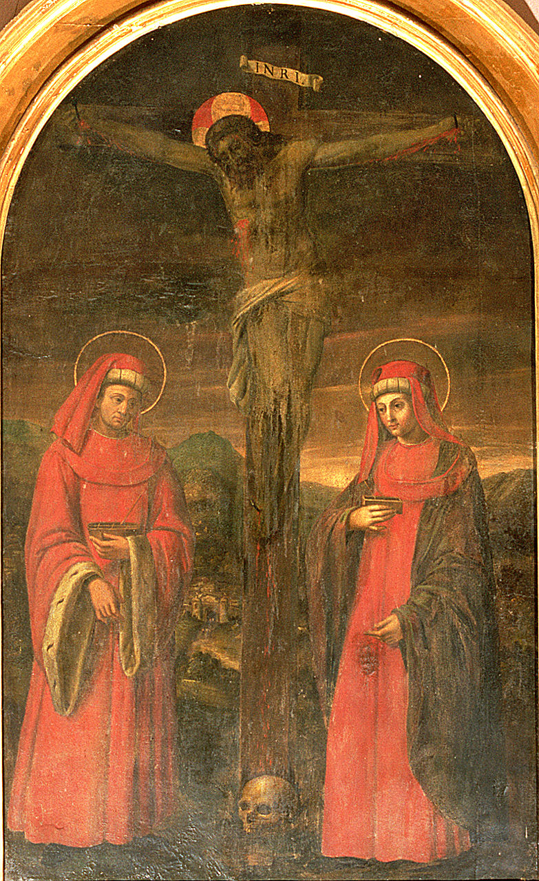 Crocifissione di Gesù Cristo con i Santi Cosma e Damiano (dipinto, elemento d'insieme) - ambito ferrarese (sec. XVII)