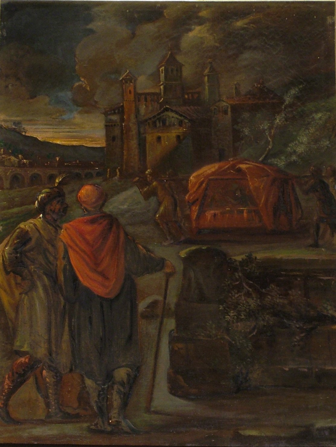 paesaggio con architetture e figure (dipinto, elemento d'insieme) di Burrini Barbara (attribuito) (prima metà sec. XVIII)