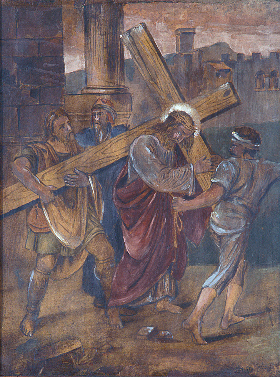 Gesù Cristo aiutato dal cireneo a portare la croce, stazioni della via crucis (incisione, ciclo) - ambito italiano (secondo quarto sec. XX)
