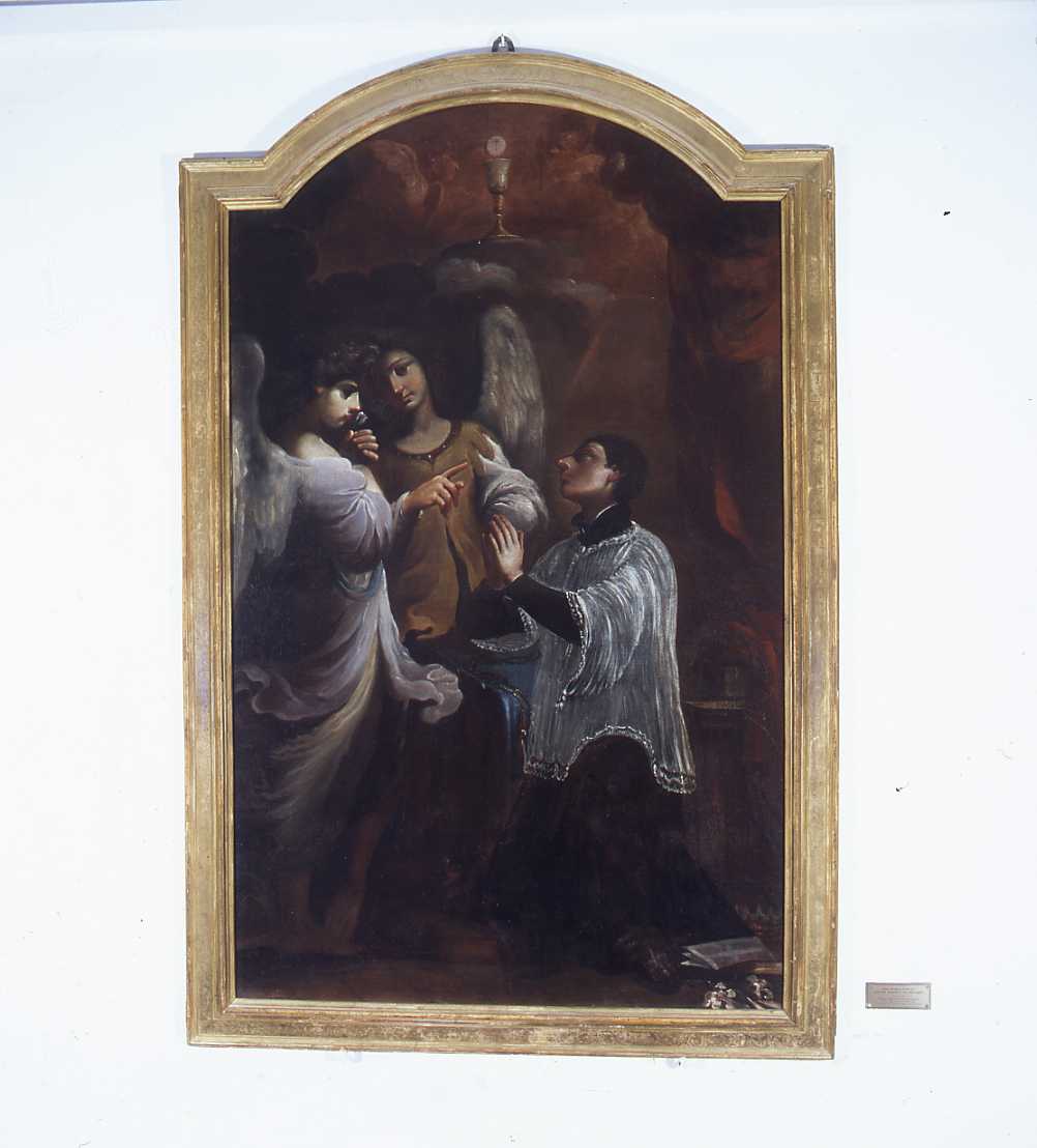 santo gesuita in adorazione dell'Eucarestia e due angeli (dipinto) di Barbieri Giovanni Francesco detto Guercino (cerchia) (metà sec. XVII)