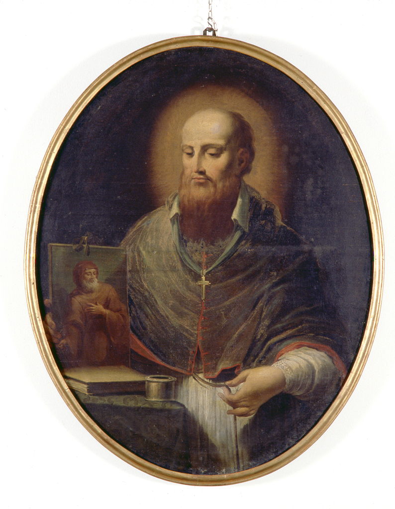 San Francesco di Sales mostra un'immagine di San Francesco da Paola (dipinto) - ambito bolognese (seconda metà sec. XVIII)