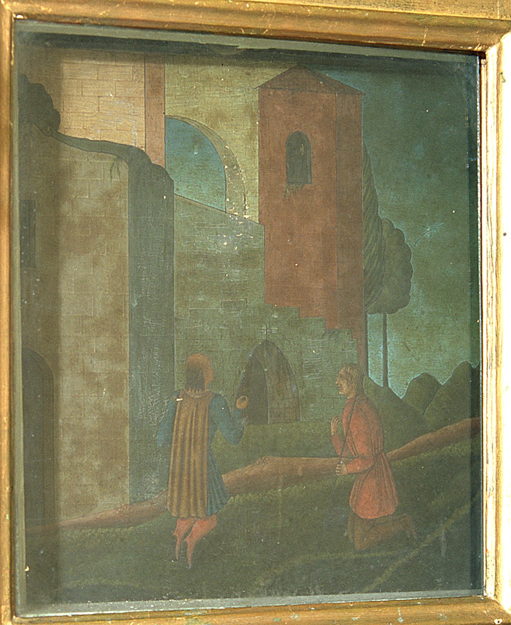 Paesaggio con figura femminile, paesaggio (dipinto, elemento d'insieme) - ambito ferrarese (secondo quarto sec. XX)