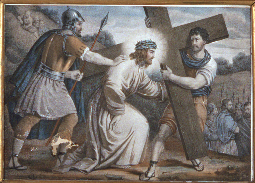 stazione V: Gesù aiutato da Simone il Cireneo a portare la croce (incisione, elemento d'insieme) - bottega ferrarese (seconda metà sec. XIX)