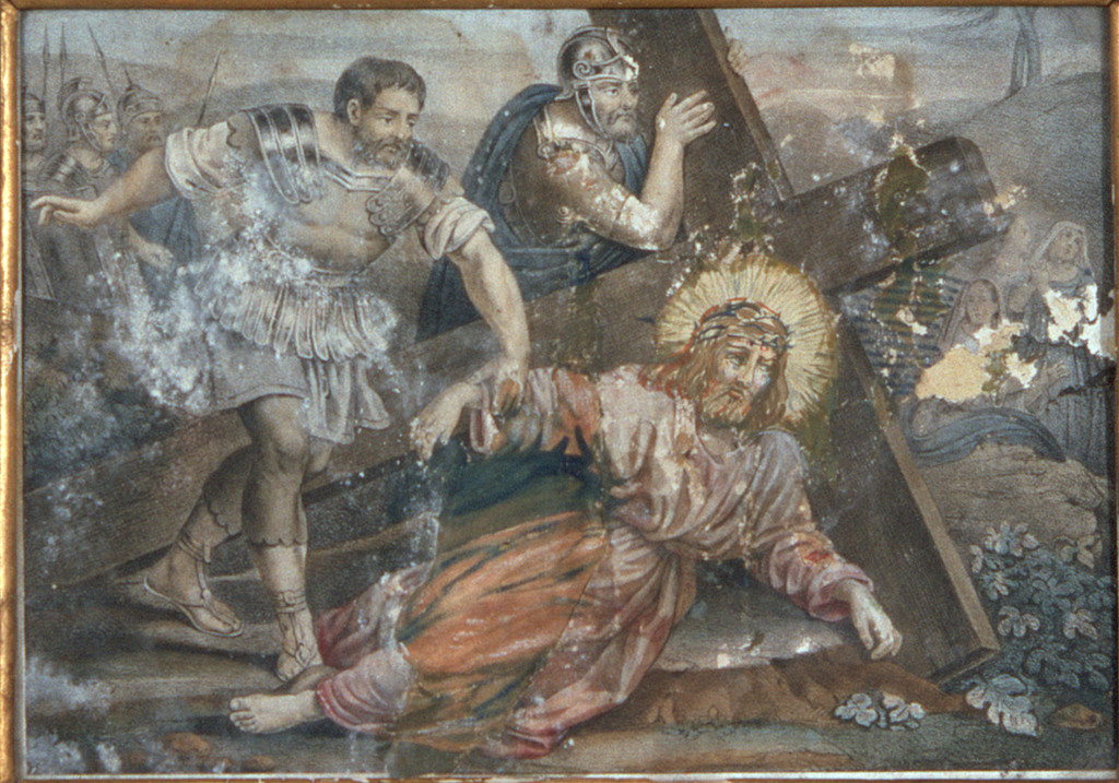 stazione VII: Gesù cade sotto la croce la seconda volta (incisione, elemento d'insieme) - bottega ferrarese (seconda metà sec. XIX)