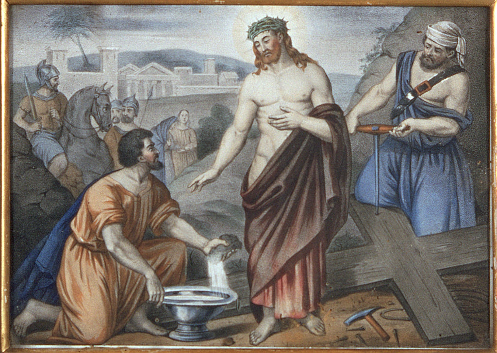 stazione X: Gesù spogliato e abbeverato di fiele (incisione, elemento d'insieme) - bottega ferrarese (seconda metà sec. XIX)