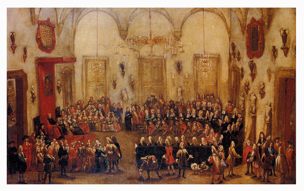 Inaugurazione dell'Accademia Clementina, cerimonia in un interno (dipinto) di Mitelli Giuseppe Maria (attribuito) - ambito bolognese (sec. XVIII)