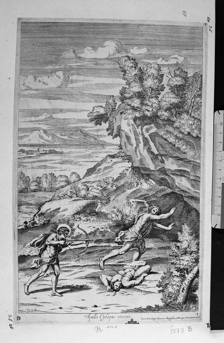 Apollo con le frecce uccide due ciclopi (stampa) di Zampieri Domenico detto Domenichino, Barrière Dominique (seconda metà sec. XVII)