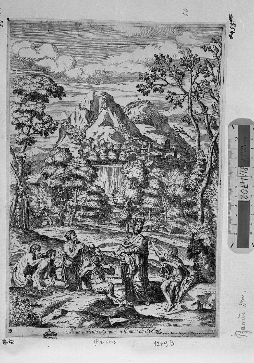Marsia Apollo e Mida (stampa) di Zampieri Domenico detto Domenichino, Barrière Dominique (seconda metà sec. XVII)