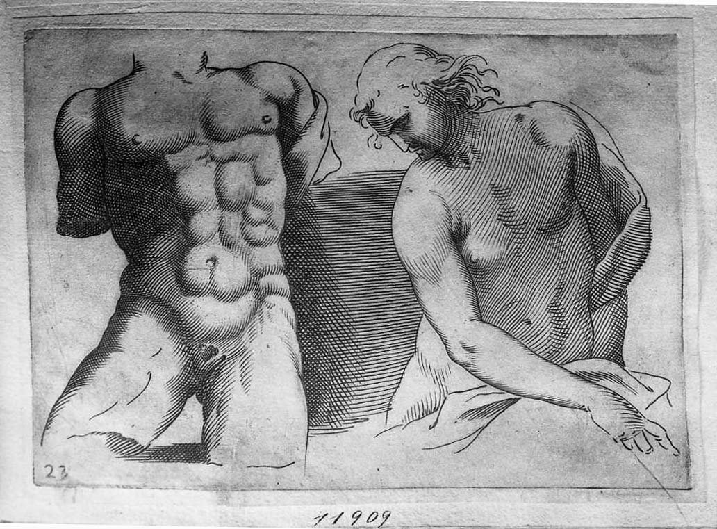 Libro di schizzi: due torsi virili, quello a sinistra acefalo (stampa) di Valesio Giovanni Luigi (secc. XVI/ XVII)