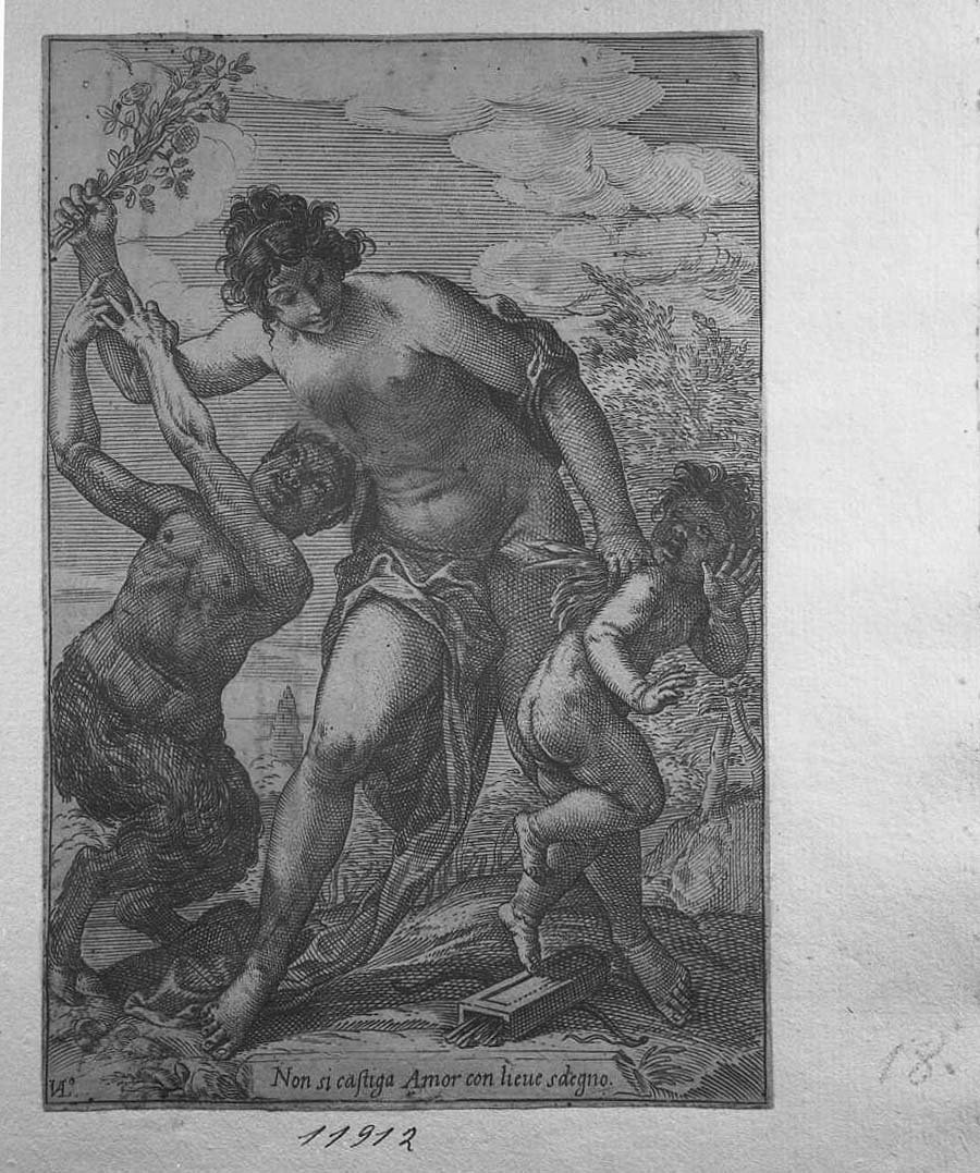 Venere batte Amore con un mazzo di rose (stampa smarginata) di Valesio Giovanni Luigi (secc. XVI/ XVII)