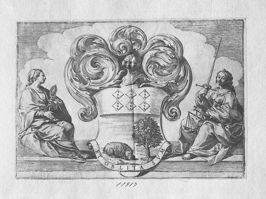 Stemma cavalleresco tra la Giustizia e la Prudenza (stampa) di Valesio Giovanni Luigi (secc. XVI/ XVII)