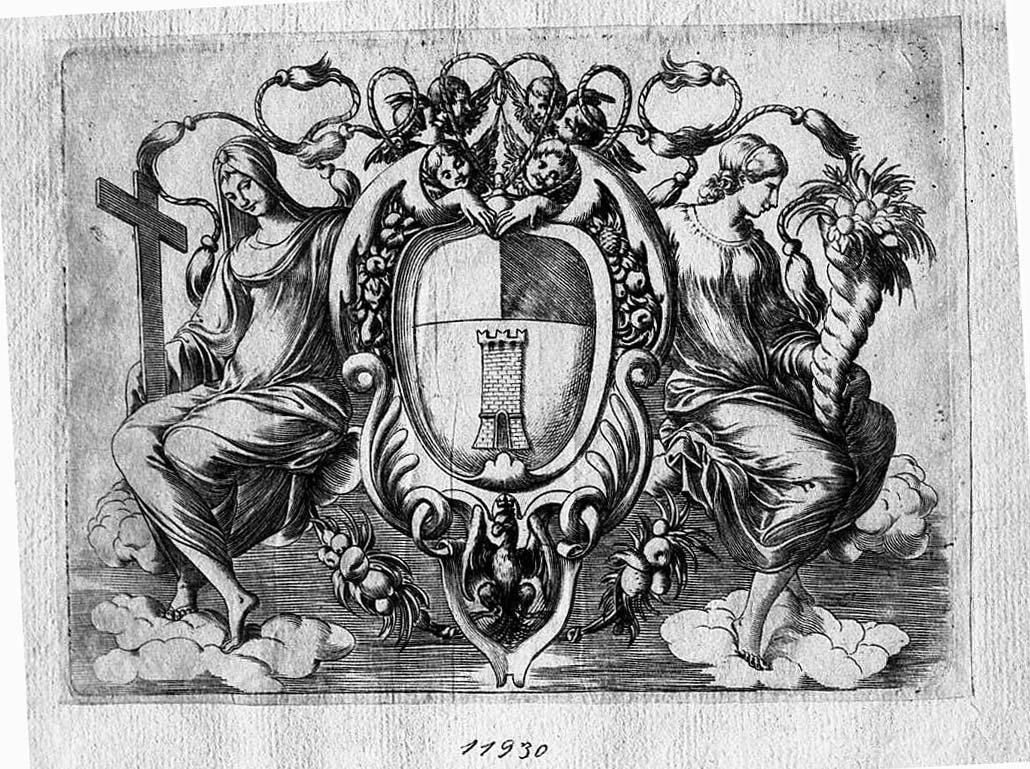 Stemma gentilizio fra la Fede e l'Abbondanza (stampa) di Valesio Giovanni Luigi (secc. XVI/ XVII)