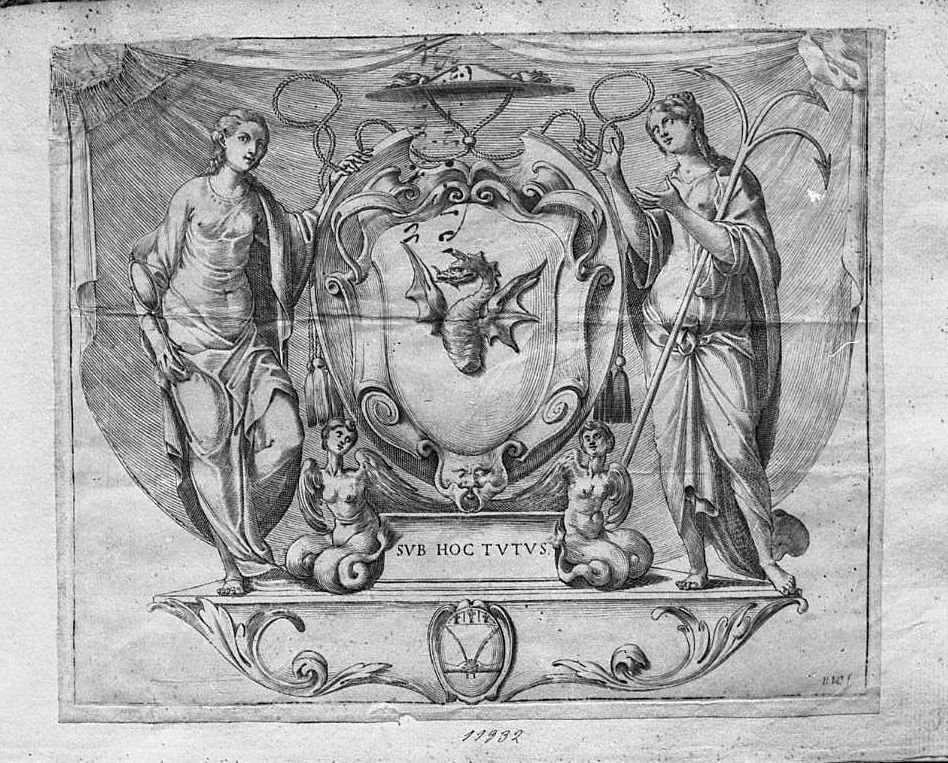Stemma Gonzaga fra Minerva(?) e Marte (?) (stampa tagliata) di Valesio Giovanni Luigi (secc. XVI/ XVII)