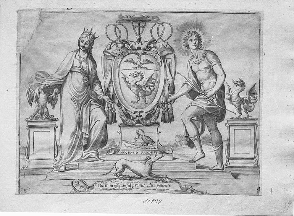 Stemma del Cardinale Scipione(?) Borghese tra due figure allegoriche (stampa) di Valesio Giovanni Luigi (secc. XVI/ XVII)