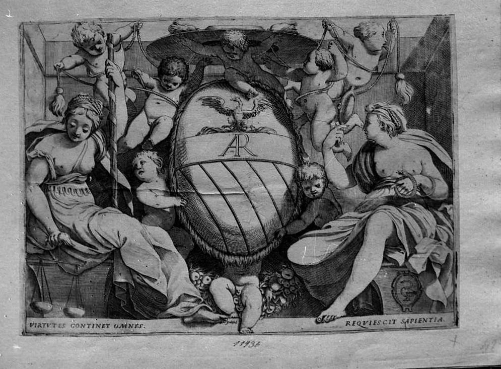 Stemma del Cardinale Pompeo Arrigoni tra Giustizia e Prudenza (stampa) di Valesio Giovanni Luigi (secc. XVI/ XVII)
