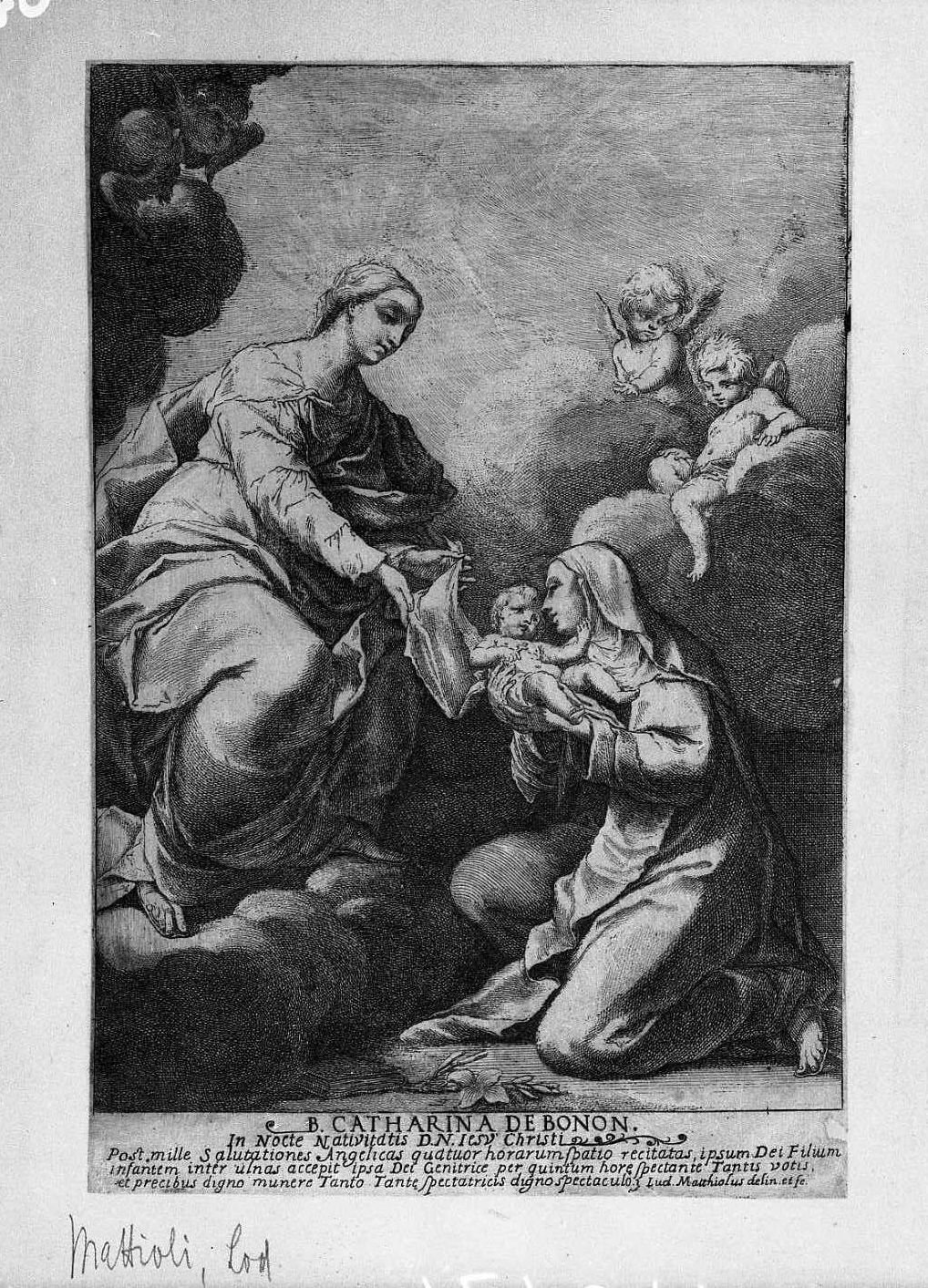 Santa Caterina in ginocchio davanti alla Vergine (stampa smarginata) di Franceschini Marcantonio, Mattioli Lodovico (sec. XVIII)