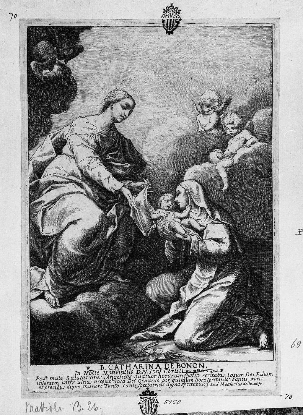Santa Caterina col Bambino in braccio (stampa) di Mattioli Lodovico (sec. XVIII)
