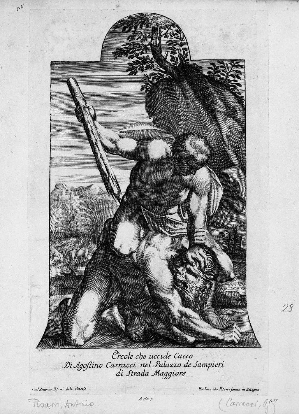 Ercole e Caco (stampa) di Carracci Agostino, Pisarri Carlo Antonio (sec. XVIII)