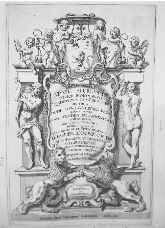 Frontespizio con le armi del conte Paris Lodrau "ULYSSIS ALDROVANDI" (stampa) di Coriolano Giovanni Battista (sec. XVII)