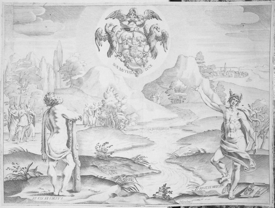 Scena allegorica in onore di un Gonzaga veduta di Mantova, Ercole, Mercurio (stampa) di Coriolano Giovanni Battista (sec. XVII)