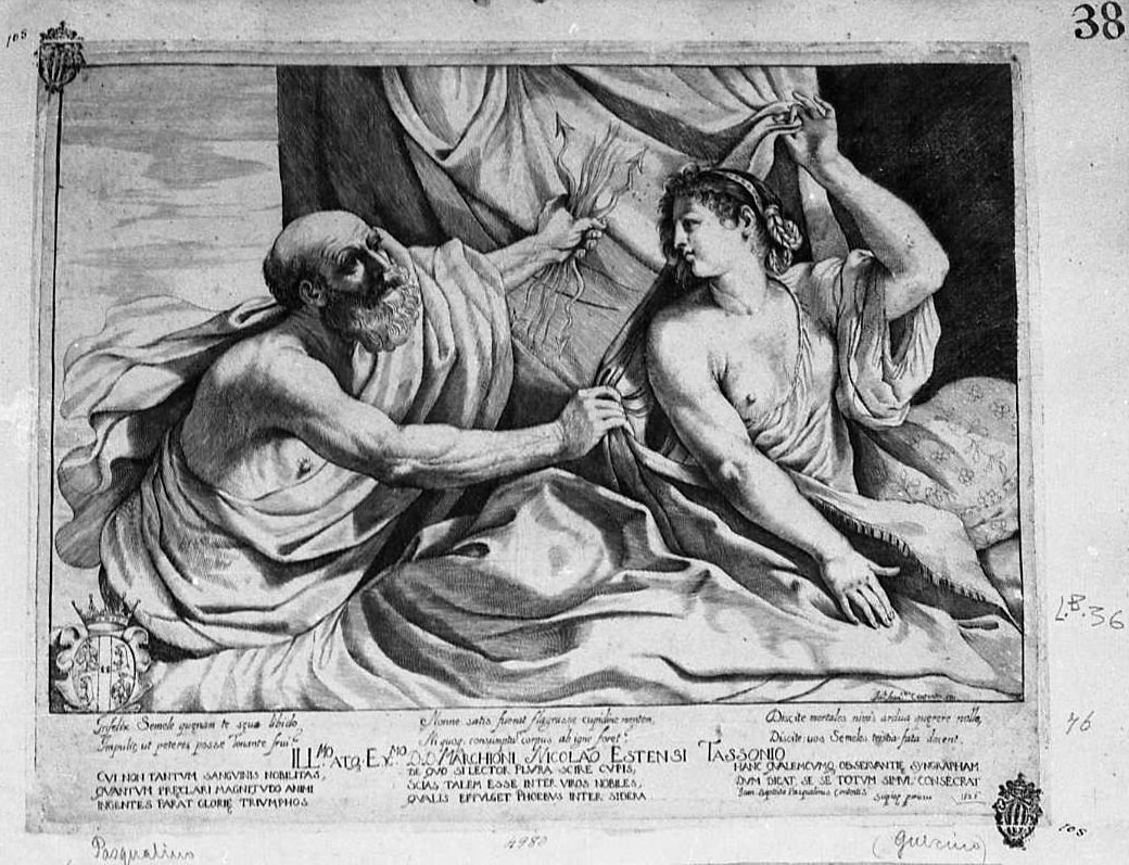 Giove e Semele (stampa) di Barbieri Giovanni Francesco detto Guercino, Pasqualini Giovan Battista (sec. XVII)