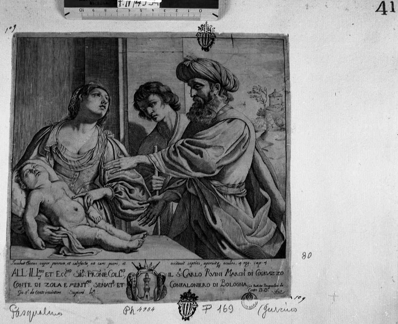 miracolo di Eliseo (stampa) di Barbieri Giovanni Francesco detto Guercino, Pasqualini Giovan Battista (sec. XVII)