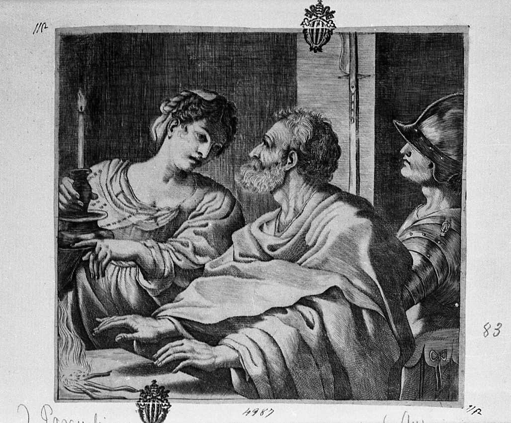 negazione di san Pietro (stampa tagliata) di Barbieri Giovanni Francesco detto Guercino, Pasqualini Giovan Battista (sec. XVII)