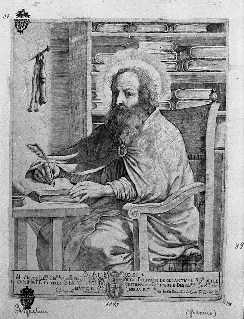sant'Ambrogio (stampa) di Barbieri Giovanni Francesco detto Guercino, Pasqualini Giovan Battista (sec. XVII)