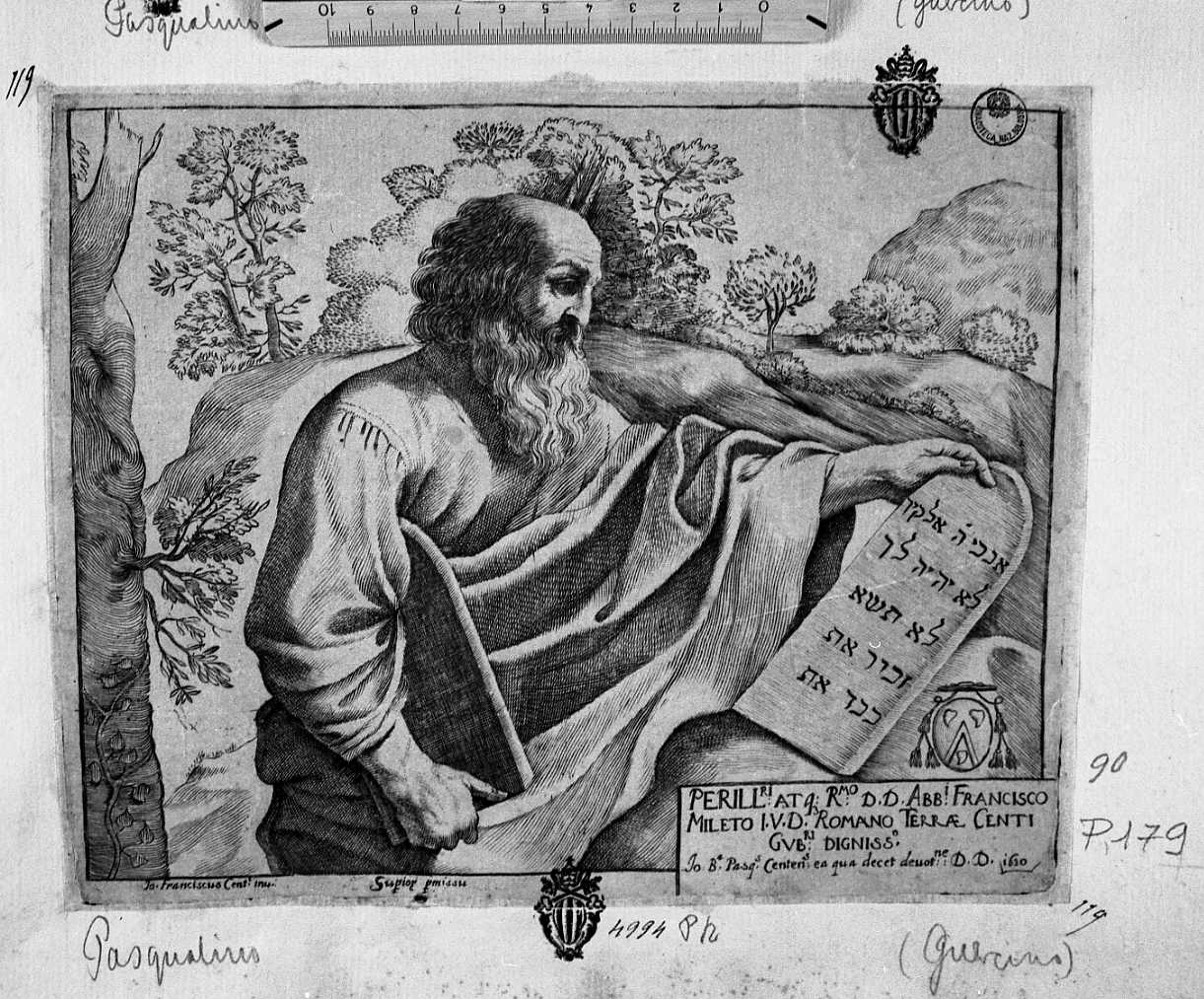 Mosè con le tavole della legge (stampa) di Barbieri Giovanni Francesco detto Guercino, Pasqualini Giovan Battista (sec. XVII)