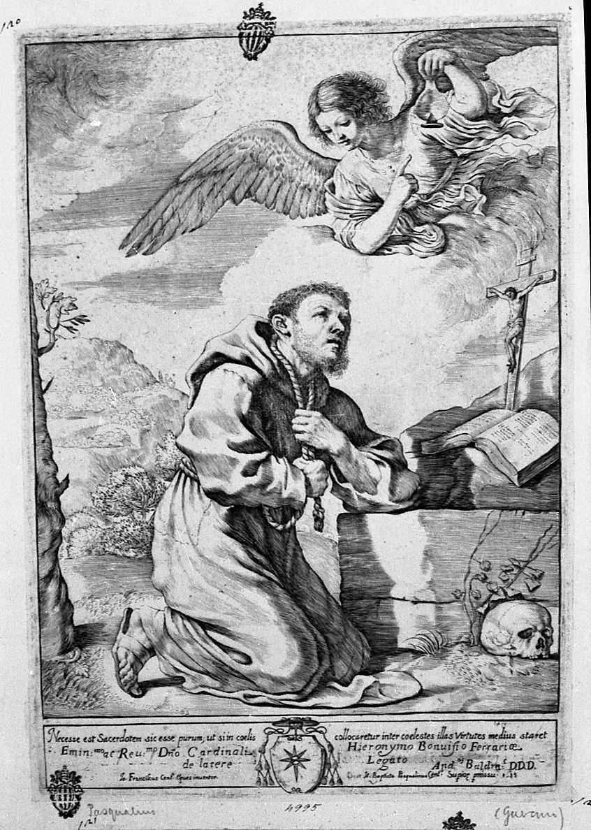 san Francesco d'Assisi in preghiera davanti alla croce (stampa) di Barbieri Giovanni Francesco detto Guercino, Pasqualini Giovan Battista (sec. XVII)