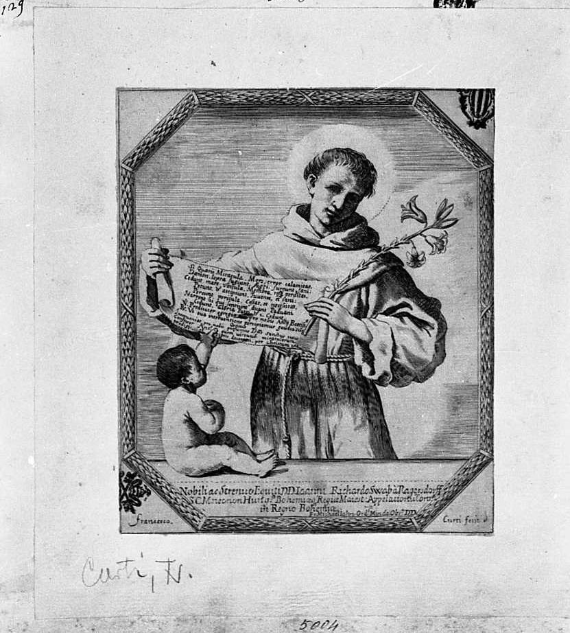 sant'Antonio da Padova (stampa smarginata) di Barbieri Giovanni Francesco detto Guercino, Curti Francesco (sec. XVII)
