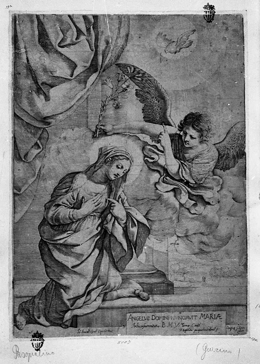 annunciazione (stampa smarginata) di Barbieri Giovanni Francesco detto Guercino, Pasqualini Giovan Battista (sec. XVII)