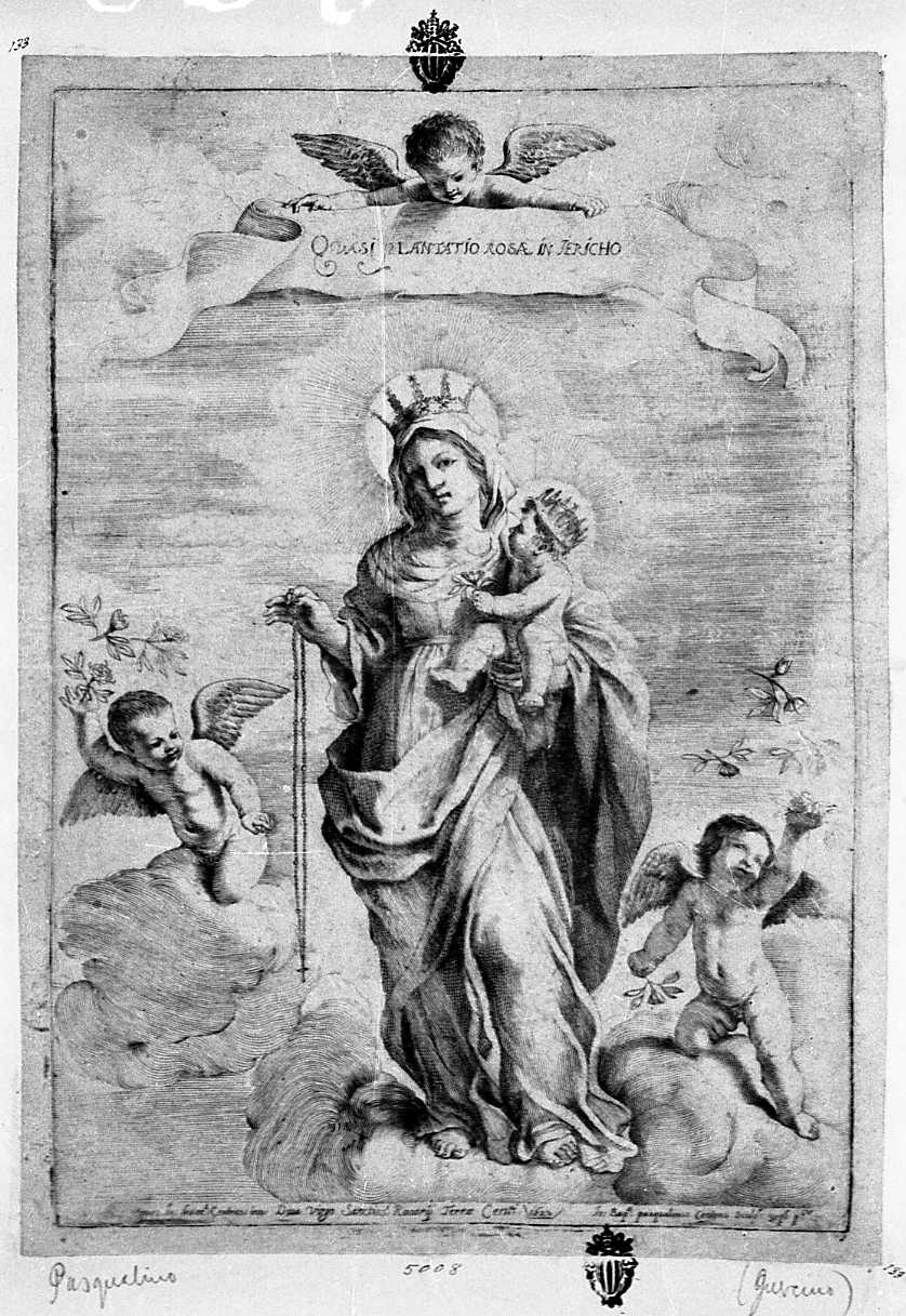 Madonna del Rosario (stampa) di Barbieri Giovanni Francesco detto Guercino, Pasqualini Giovan Battista (sec. XVII)
