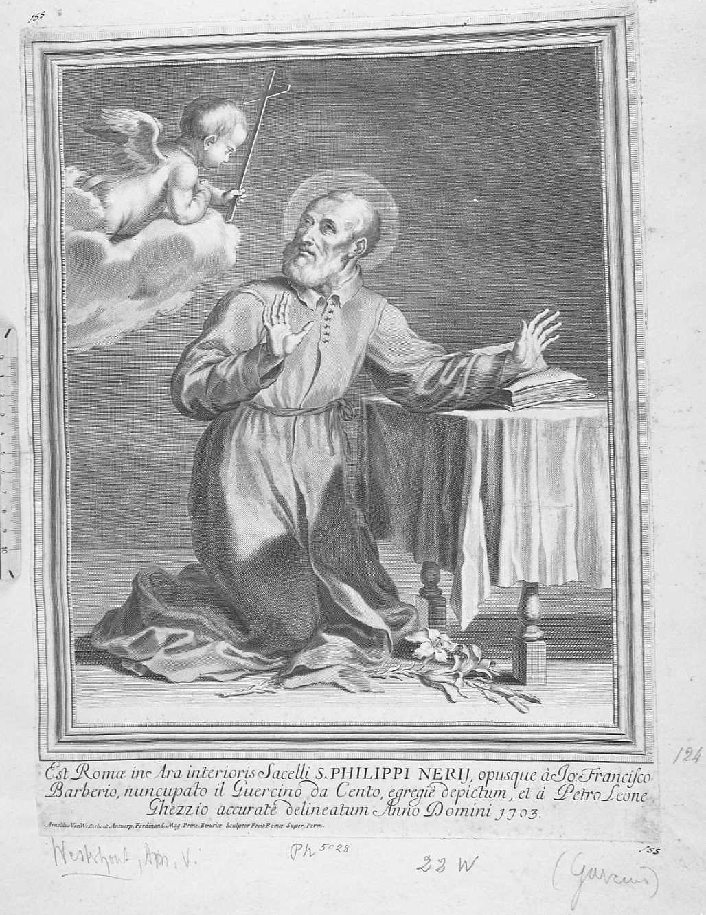 san Filippo Neri (stampa smarginata) di Barbieri Giovanni Francesco detto Guercino, Westerhout Arnaud (sec. XVIII)