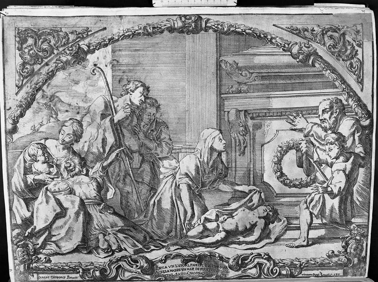 infermi presso il sepolcro di san Filippo Benizzi (stampa smarginata) di Cignani Carlo, Poggi Vincenzo (sec. XVIII)