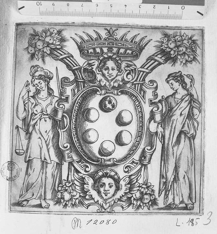 Stemma gentilizio con due figure allegoriche di donna (a sinistra la Giustizia) (stampa) di Lodi Giacomo (attribuito) (sec. XVII)
