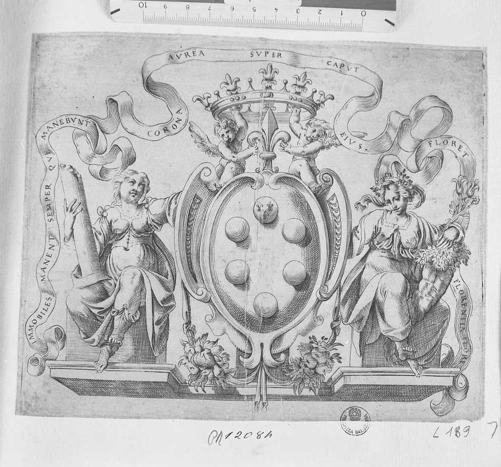 stemma gentilizio con palle nel mezzo, forza e abbondanza "IMMOBILES MANENT..." (stampa) di Lodi Giacomo (attribuito) (sec. XVII)