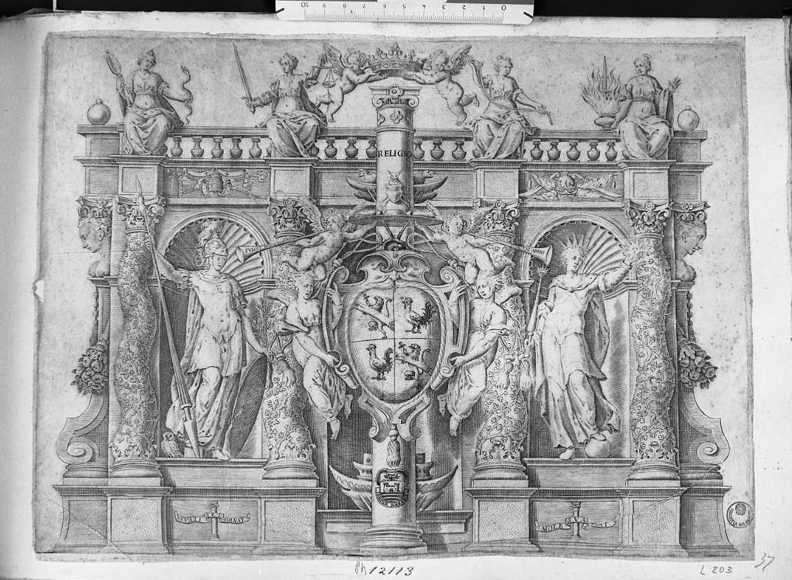 Stemma del Cardinale con due galli e due leoni rampanti su colonna (stampa) di Lodi Giacomo (attribuito) (sec. XVII)