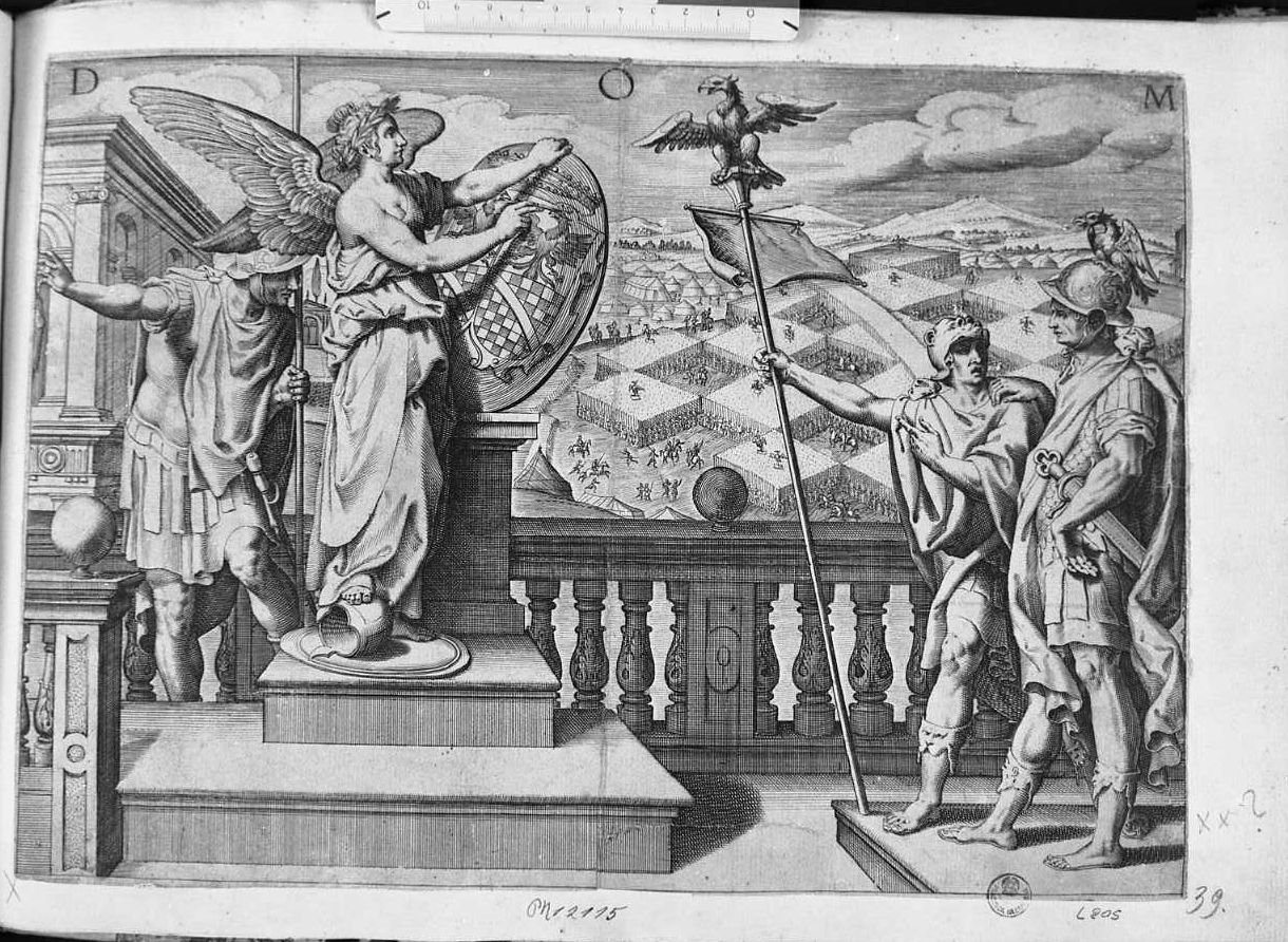 Scena allegorica: guerrieri, sullo sfondo battaglia (stampa) di Lodi Giacomo (attribuito) (sec. XVII)
