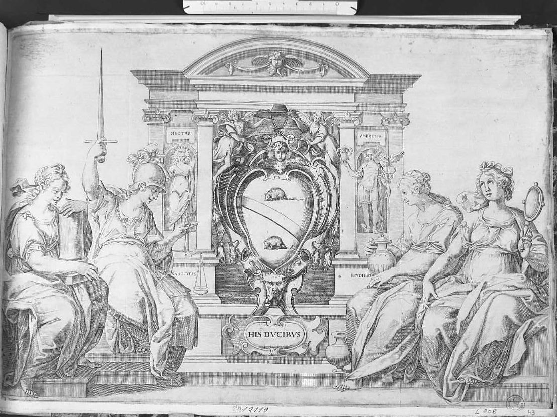 Stemma cardinalizio con due topi tra Forza e Giustizia (stampa) di Lodi Giacomo (attribuito) (sec. XVII)