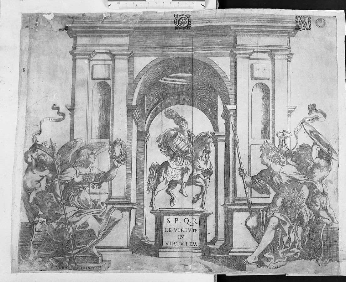statua equestra di un imperatore con scudo con stemma cardinalizio (stampa) di Lodi Giacomo (attribuito) (sec. XVII)