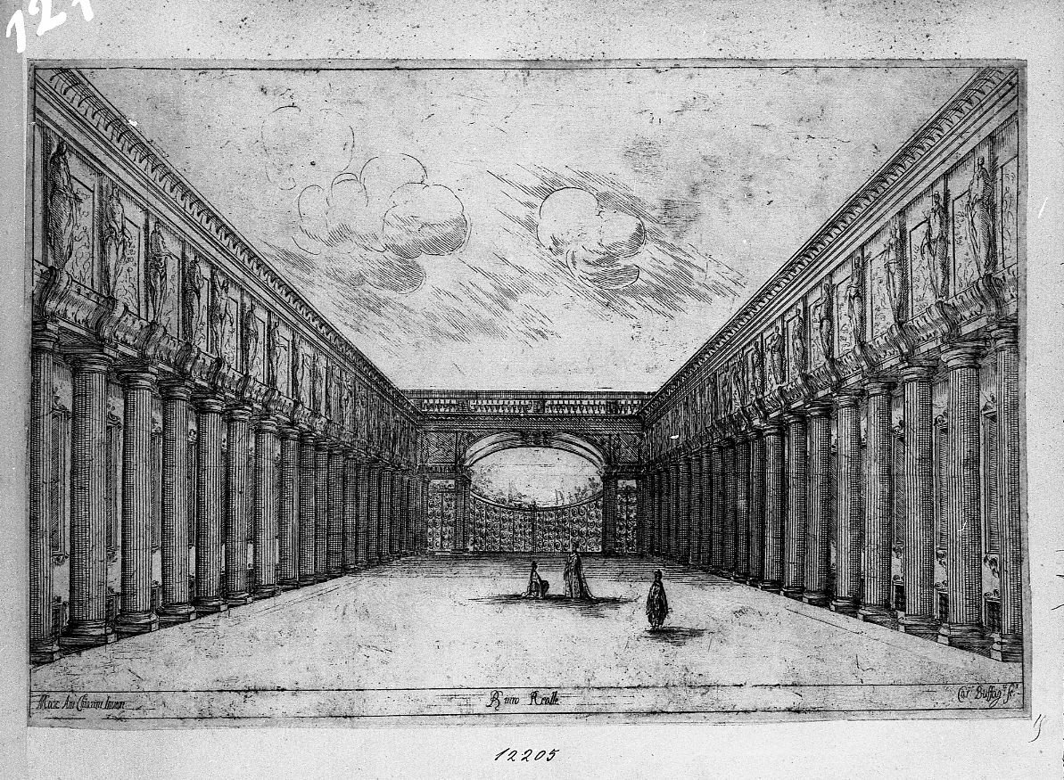 Scenografia: duetto in colonnato (stampa) di Buffagnotti Carlo Antonio (sec. XVII)