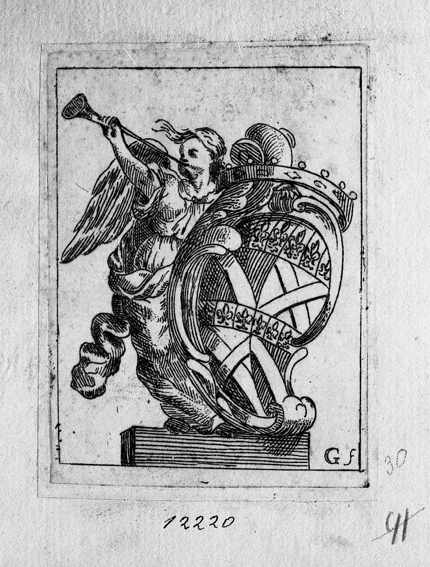 Stemma gentilizio retto da donna con tromba (stampa) di Guidi Rainaldo (sec. XVIII)