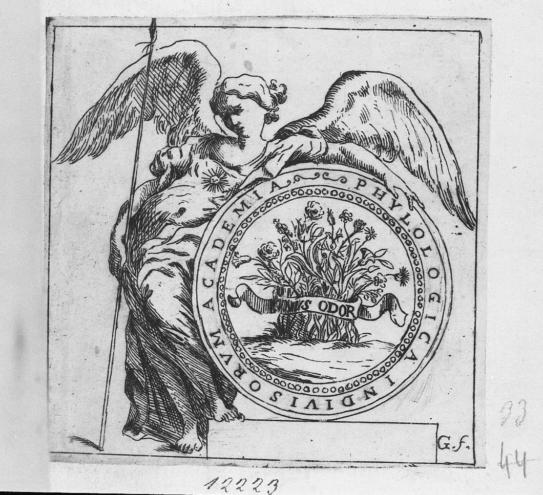 Donna alata appoggiata a un medaglione (stampa) di Guidi Rainaldo (sec. XVIII)