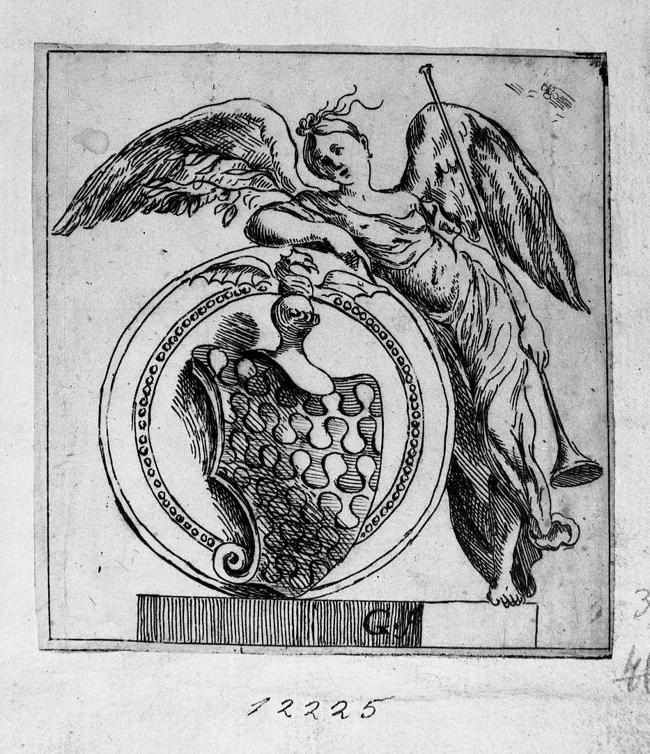 Donna alata con tromba appoggiata a uno stemma gentilizio (stampa) di Guidi Rainaldo (sec. XVIII)