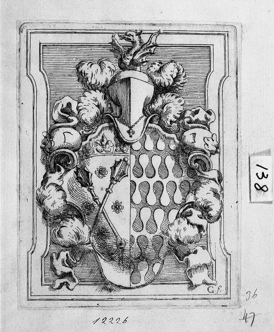 Stemma gentilizio con drago sopra l'elmo (stampa) di Guidi Rainaldo (sec. XVIII)
