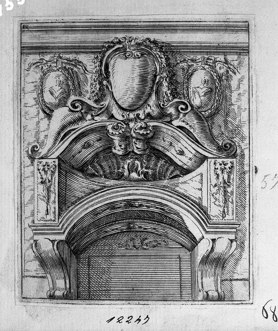 Ornato architettonico con tre scudetti (stampa) di Buffagnotti Carlo Antonio (sec. XVIII)