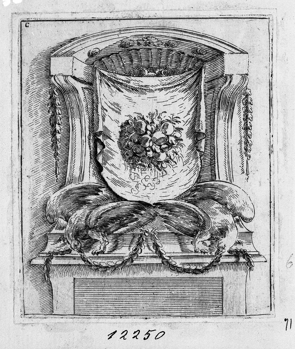 Ornato architettonico con frutta disegnata su tenda (stampa) di Buffagnotti Carlo Antonio (sec. XVIII)
